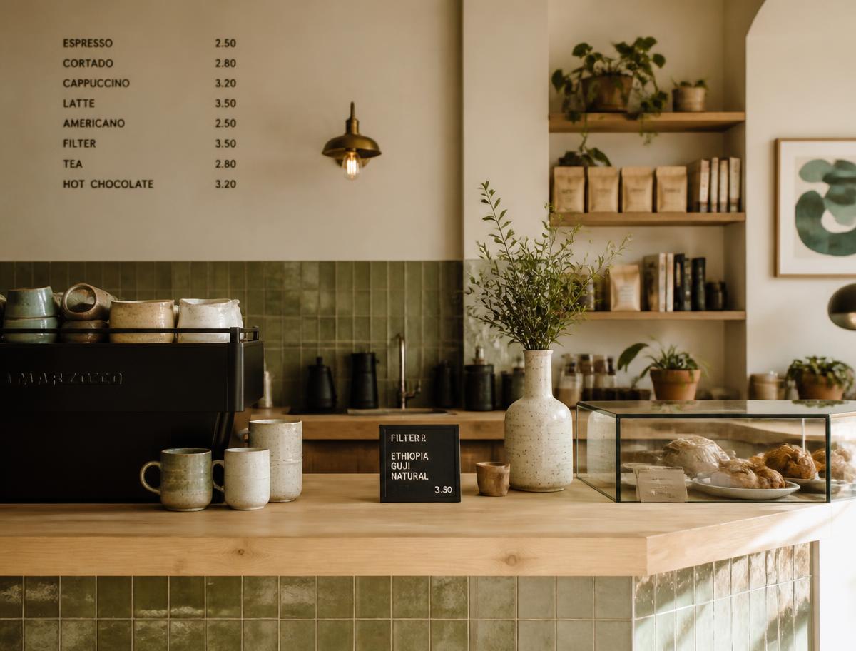 Warm coffee bar with light oak counter, sage tile, and ceramic mugs
