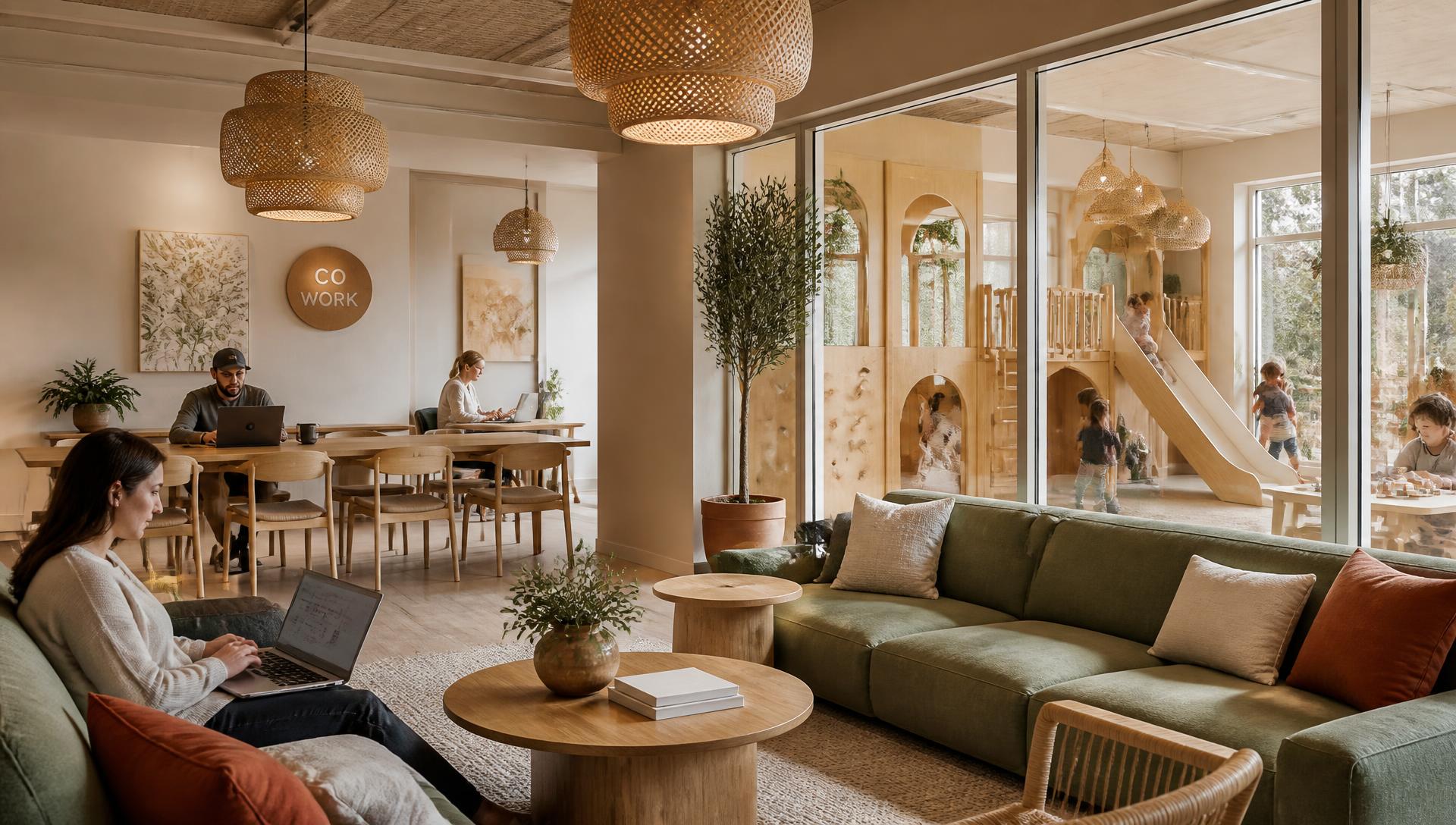 CoPlay Ocala coworking lounge with glass sightlines into the indoor play village