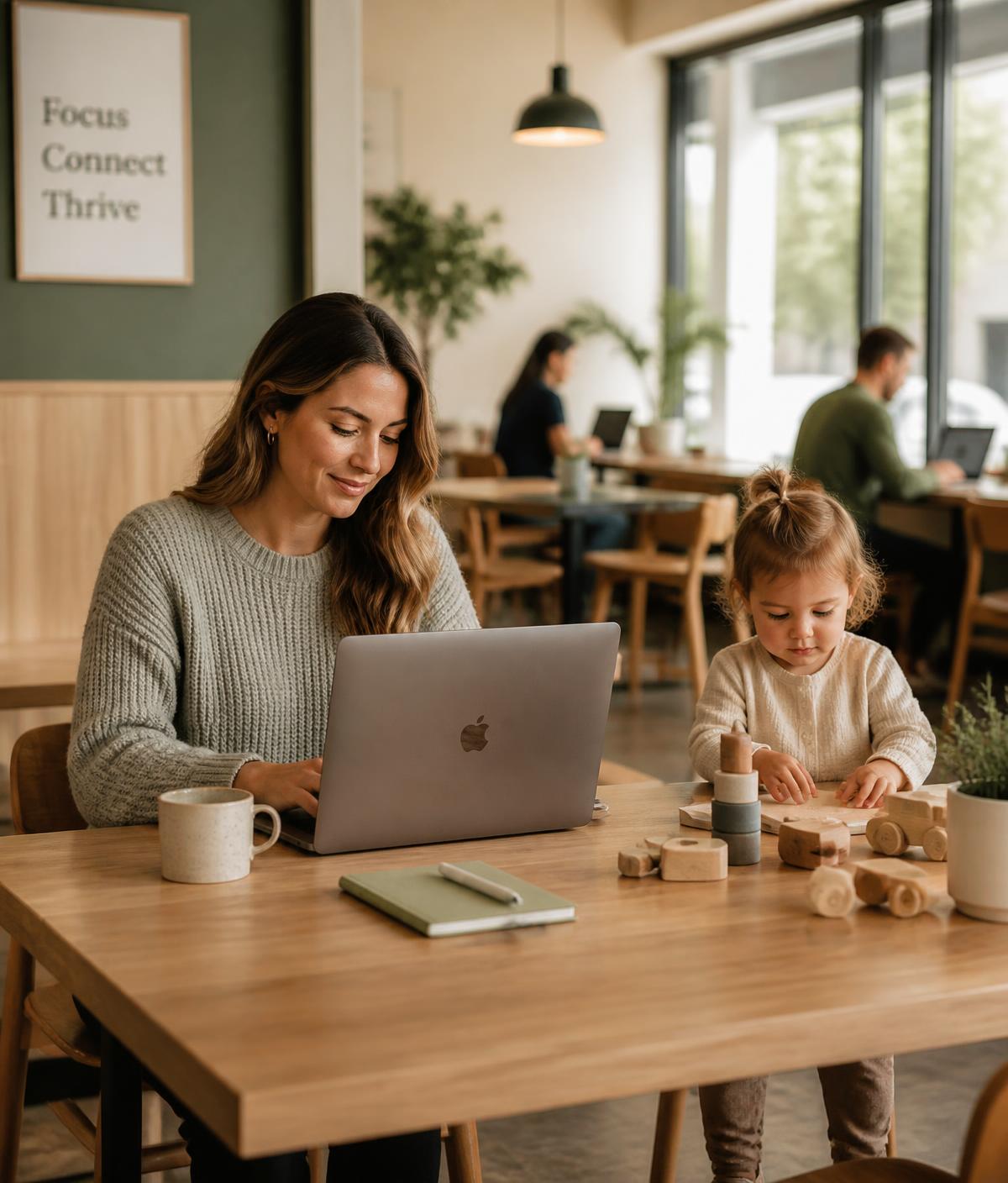 Parent working on a laptop while children play nearby