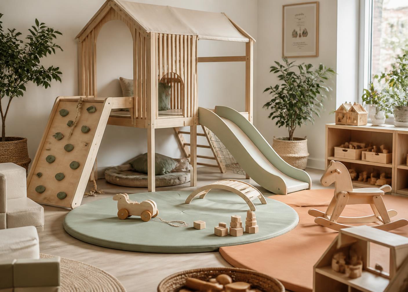 Montessori-inspired indoor play village with wooden climbing structure and soft sage play mats