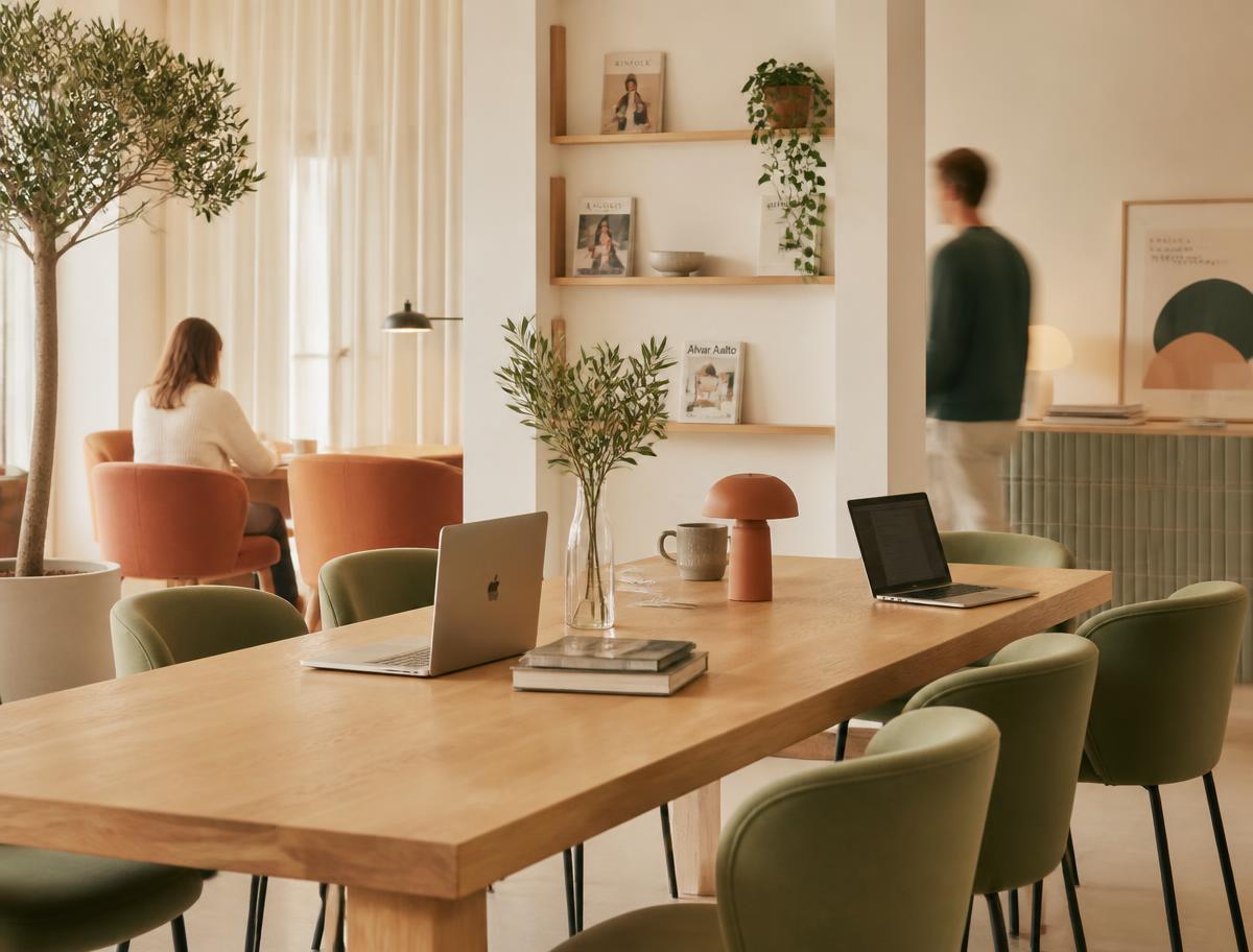 Long oak communal coworking table with laptops and sage green chairs in a warm minimal lounge