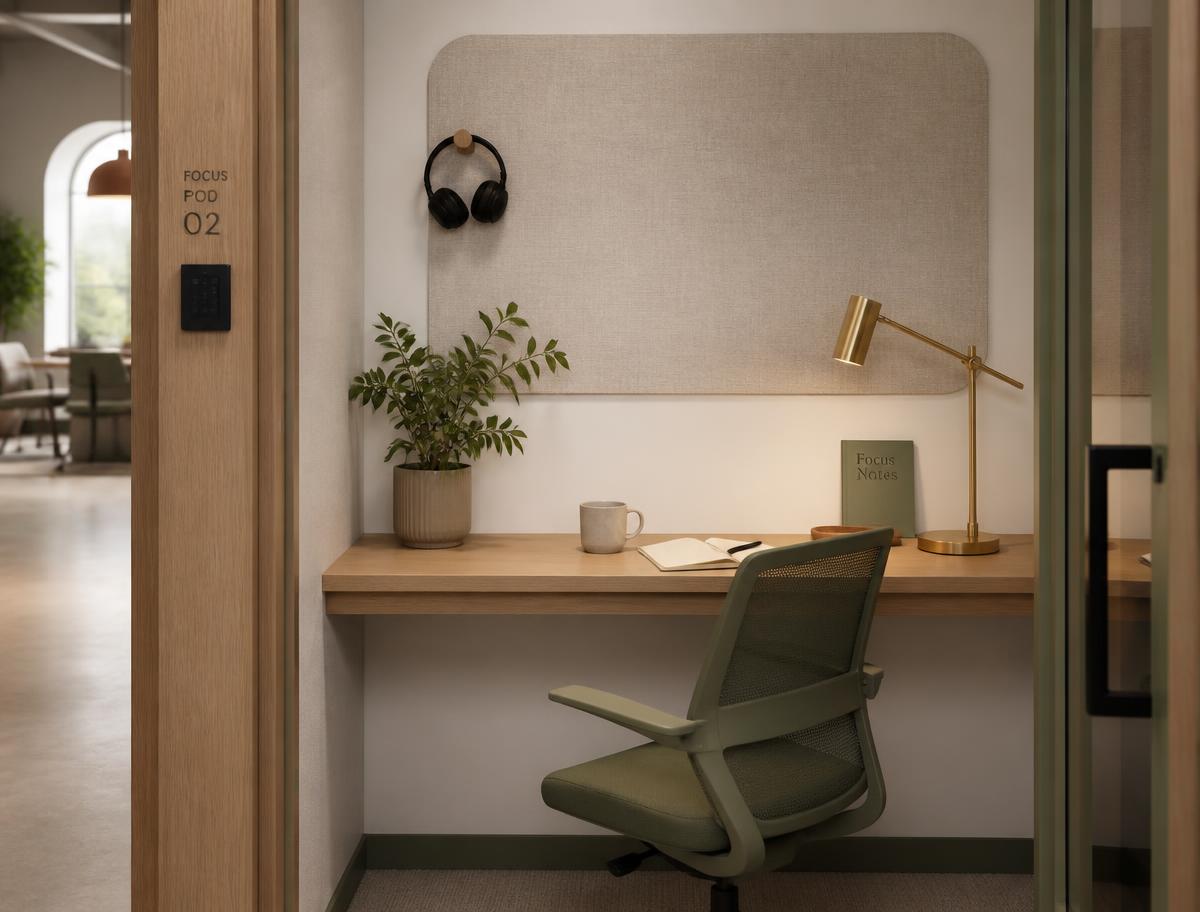 Quiet focus pod with oak desk, brass lamp, headphones and sage ergonomic chair