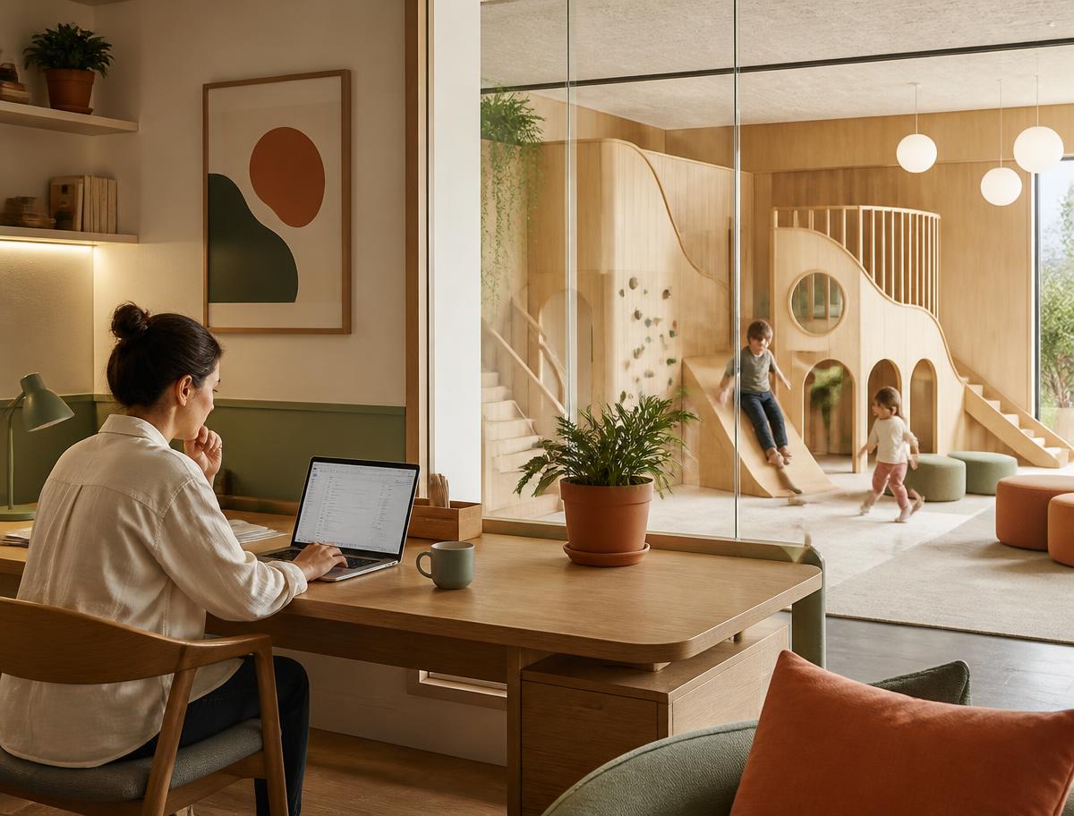 Parent working on a laptop at an oak desk beside a glass wall overlooking a wooden indoor playground
