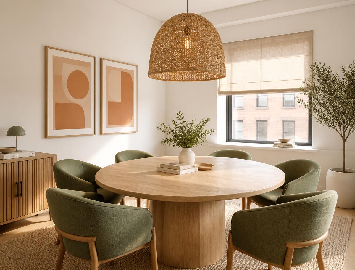 Boutique meeting room with round oak table, sage chairs and rattan pendant light