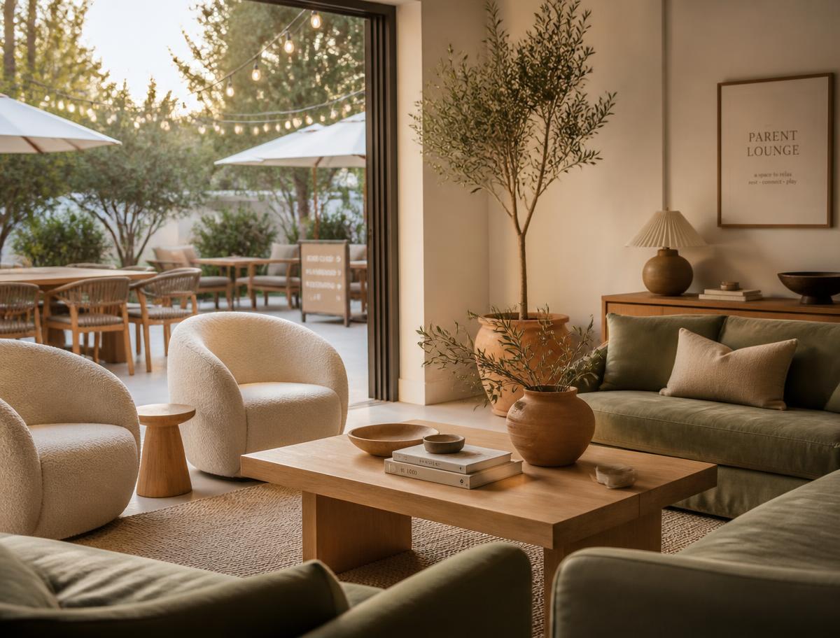Parent lounge with sage sofas and boucle chairs opening onto a shaded patio with string lights