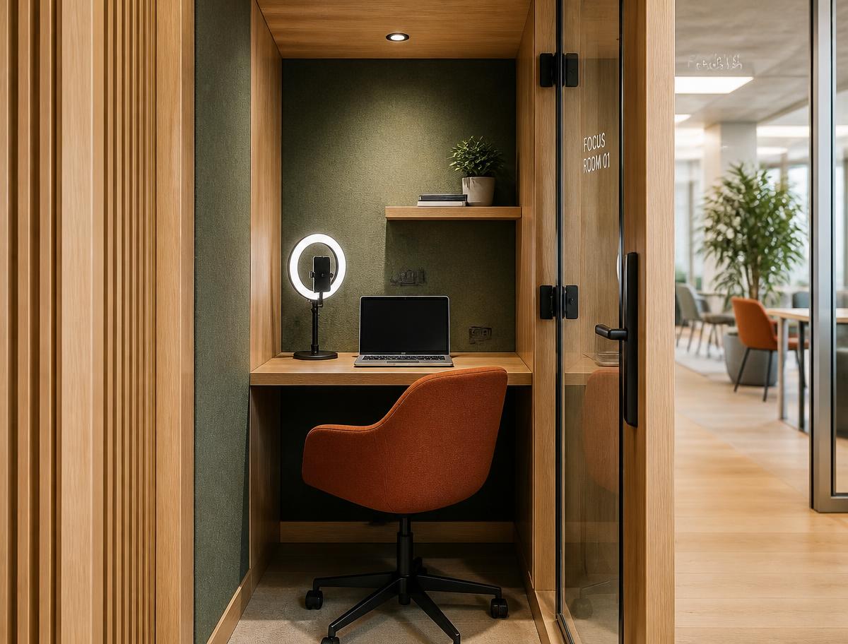 Private single-person video call booth with oak panels, laptop and ring light